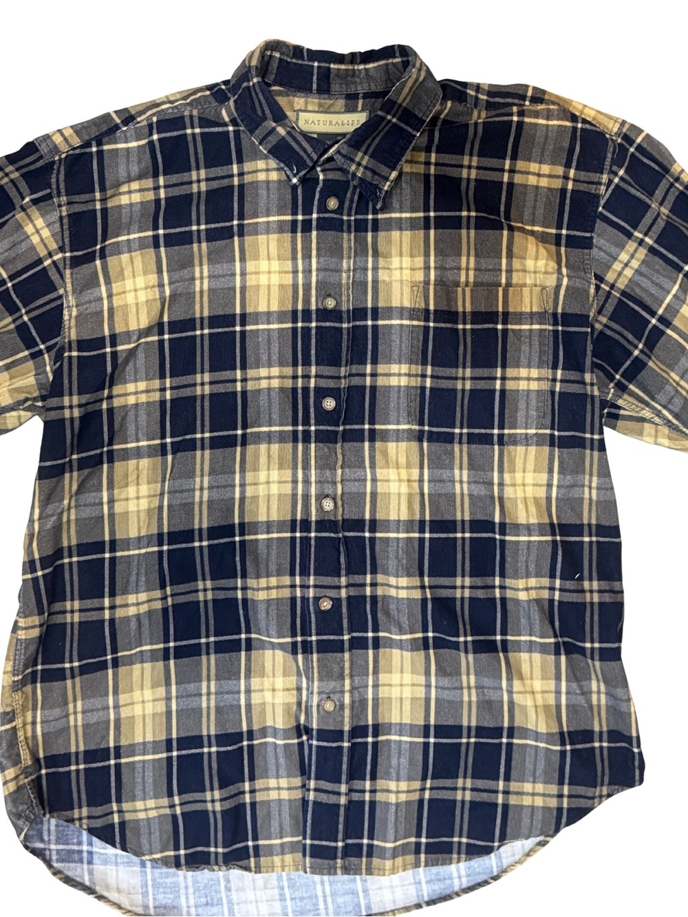 Naturalizer Navy and Tan Plaid Button-Down Shirt